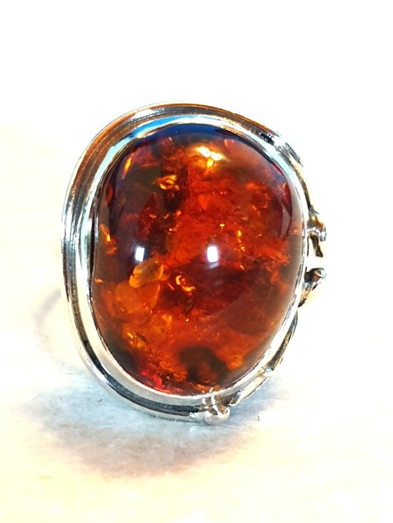 Vintage Cognac Baltic Amber Sterling Silver Art Nouveau–Inspired Floral Ring - Picture 1 of 16